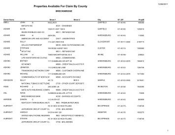 Properties Available For Claim By County - Kentucky State Treasury