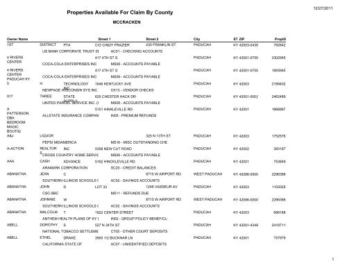 Properties Available For Claim By County - Kentucky State Treasury