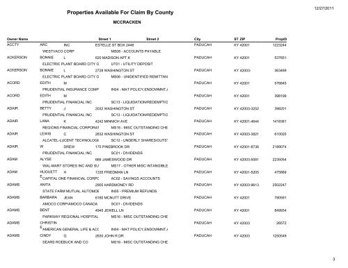 Properties Available For Claim By County - Kentucky State Treasury