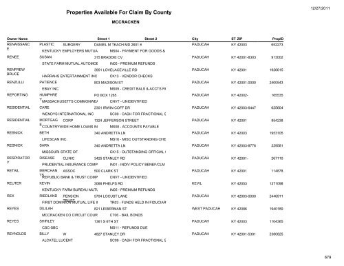 Properties Available For Claim By County - Kentucky State Treasury