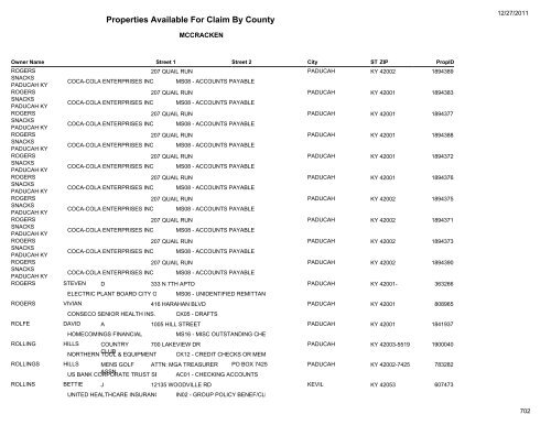 Properties Available For Claim By County - Kentucky State Treasury