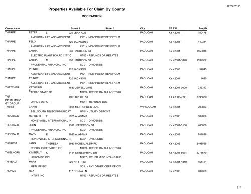 Properties Available For Claim By County - Kentucky State Treasury