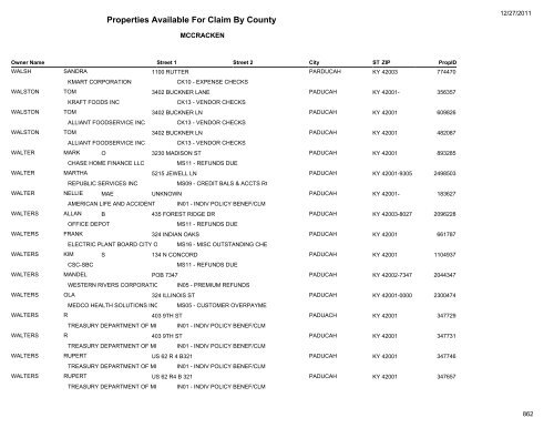 Properties Available For Claim By County - Kentucky State Treasury