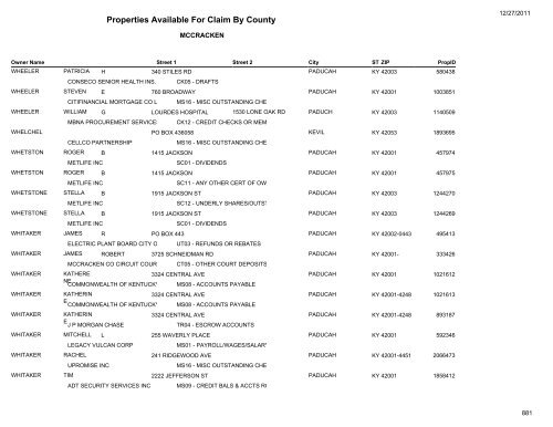 Properties Available For Claim By County - Kentucky State Treasury