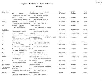 Properties Available For Claim By County - Kentucky State Treasury