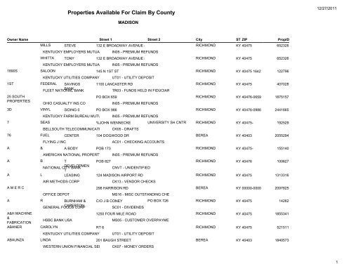 Properties Available For Claim By County - Kentucky State Treasury