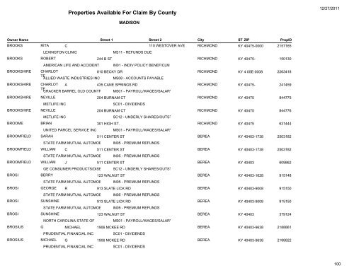 Properties Available For Claim By County - Kentucky State Treasury