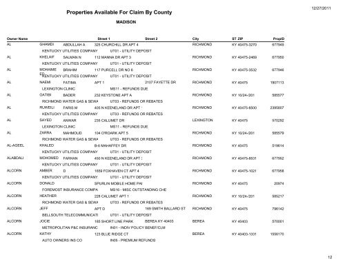 Properties Available For Claim By County - Kentucky State Treasury