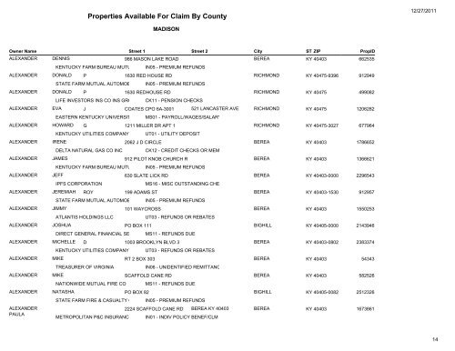 Properties Available For Claim By County - Kentucky State Treasury