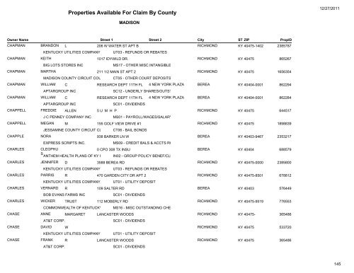 Properties Available For Claim By County - Kentucky State Treasury