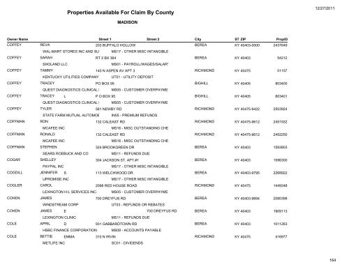 Properties Available For Claim By County - Kentucky State Treasury