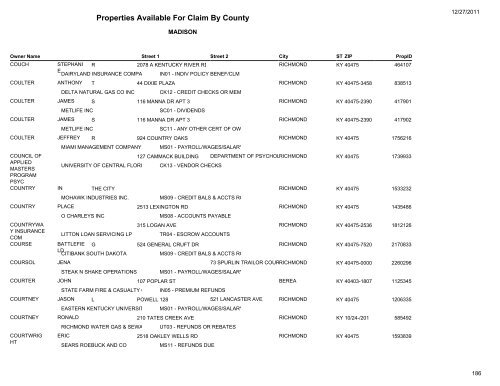 Properties Available For Claim By County - Kentucky State Treasury