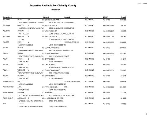 Properties Available For Claim By County - Kentucky State Treasury