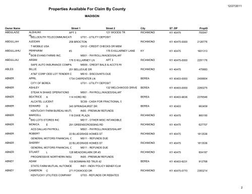 Properties Available For Claim By County - Kentucky State Treasury