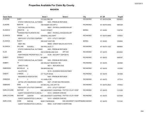 Properties Available For Claim By County - Kentucky State Treasury