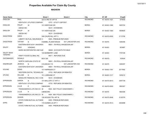 Properties Available For Claim By County - Kentucky State Treasury