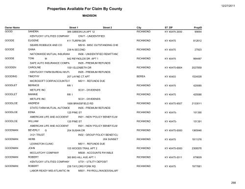 Properties Available For Claim By County - Kentucky State Treasury