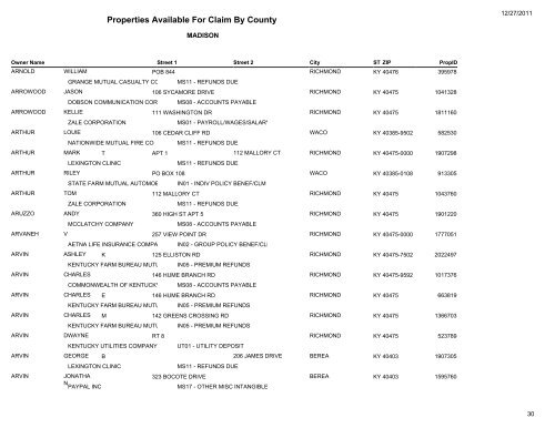 Properties Available For Claim By County - Kentucky State Treasury