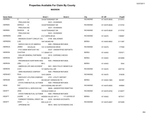 Properties Available For Claim By County - Kentucky State Treasury