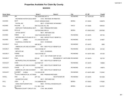 Properties Available For Claim By County - Kentucky State Treasury