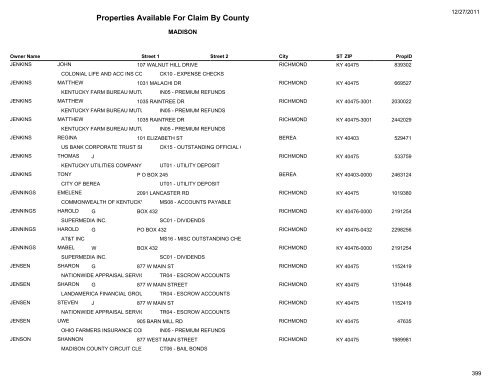 Properties Available For Claim By County - Kentucky State Treasury