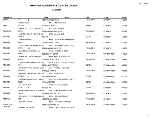 Properties Available For Claim By County - Kentucky State Treasury