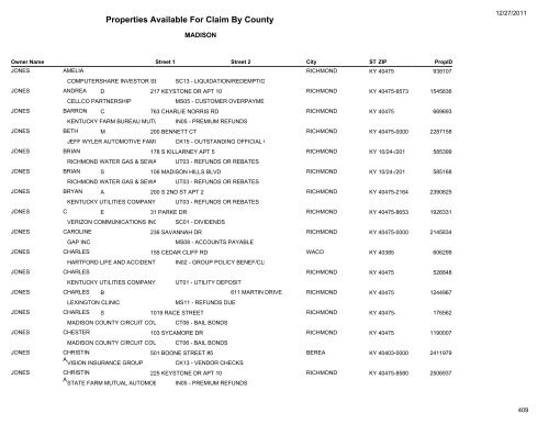 Properties Available For Claim By County - Kentucky State Treasury