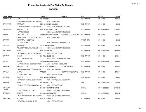 Properties Available For Claim By County - Kentucky State Treasury