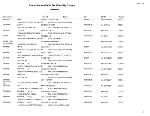 Properties Available For Claim By County - Kentucky State Treasury