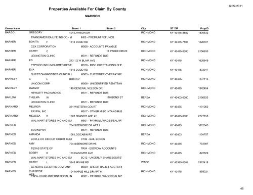 Properties Available For Claim By County - Kentucky State Treasury