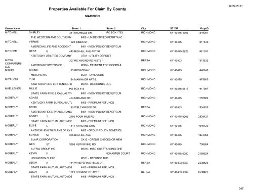 Properties Available For Claim By County - Kentucky State Treasury