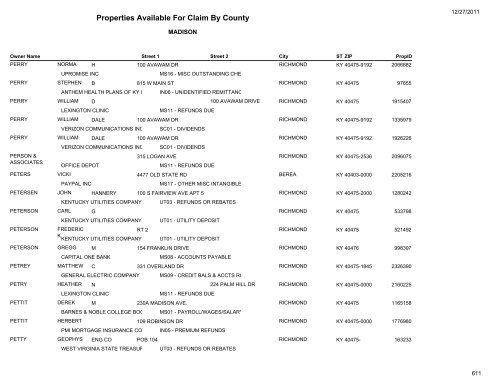 Properties Available For Claim By County - Kentucky State Treasury