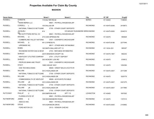 Properties Available For Claim By County - Kentucky State Treasury