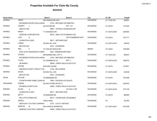 Properties Available For Claim By County - Kentucky State Treasury