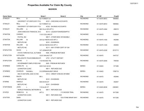 Properties Available For Claim By County - Kentucky State Treasury