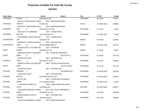 Properties Available For Claim By County - Kentucky State Treasury