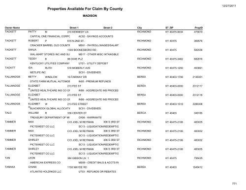 Properties Available For Claim By County - Kentucky State Treasury