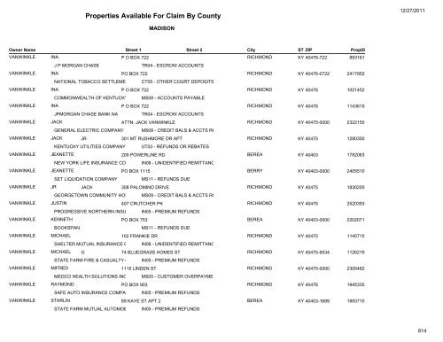 Properties Available For Claim By County - Kentucky State Treasury