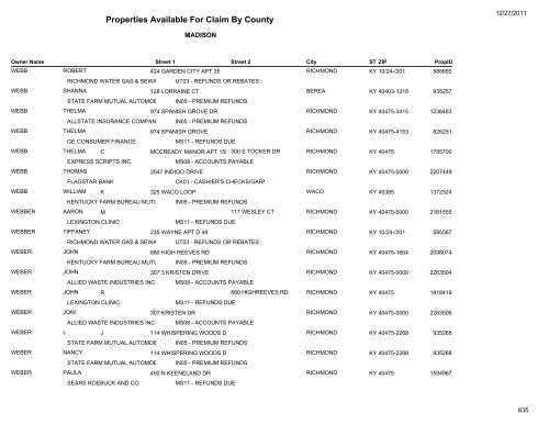 Properties Available For Claim By County - Kentucky State Treasury