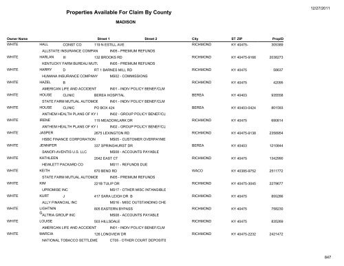 Properties Available For Claim By County - Kentucky State Treasury