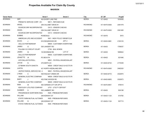 Properties Available For Claim By County - Kentucky State Treasury