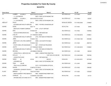 Properties Available For Claim By County - Kentucky State Treasury