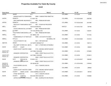 Properties Available For Claim By County - Kentucky State Treasury