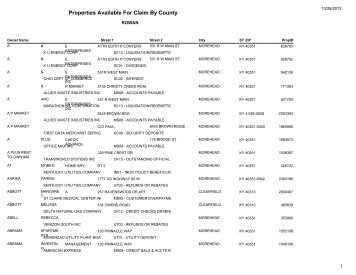 Properties Available For Claim By County - Kentucky State Treasury