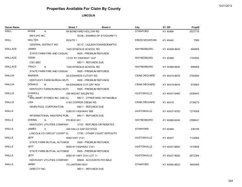 Lincoln County - Kentucky State Treasury