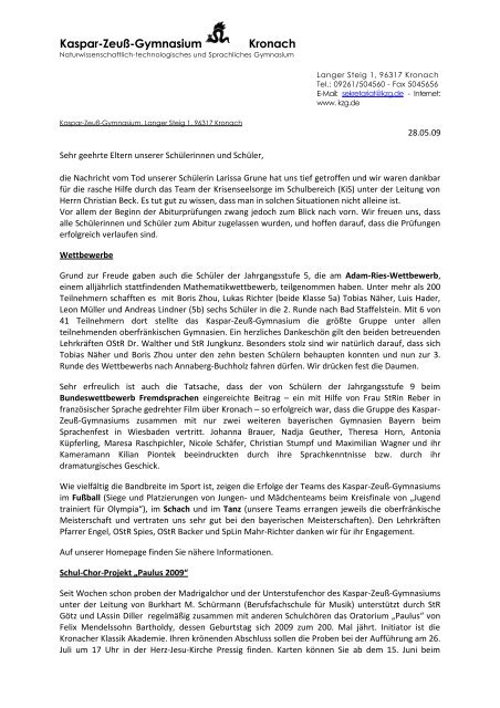 Elternbrief vom 28. Mai 2009 - Kaspar-ZeuÃ-Gymnasium Kronach