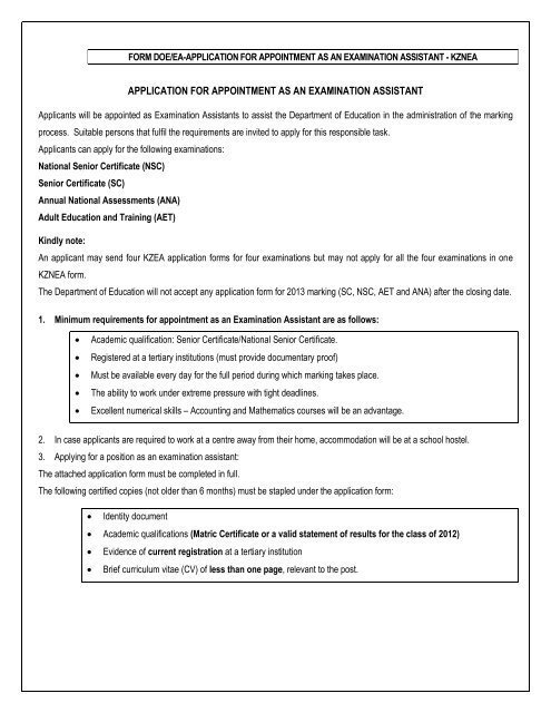 Application For Appointment As An Examination Assistant