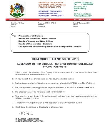 HRM Circular No. 59 of 2010 - KwaZulu-Natal Department of ...