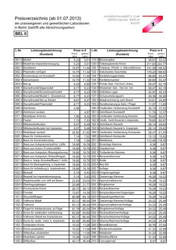 BEL II Laborpreisliste ab 01.07.2013