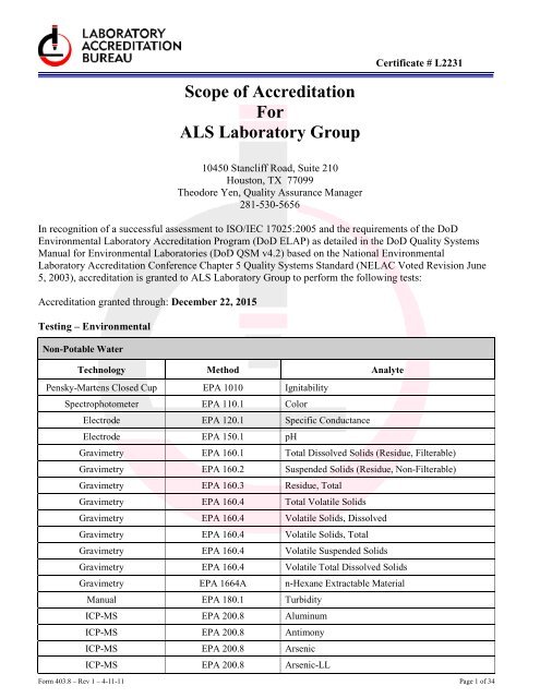Proposed Scope of Accreditation - Laboratory Accreditation Bureau